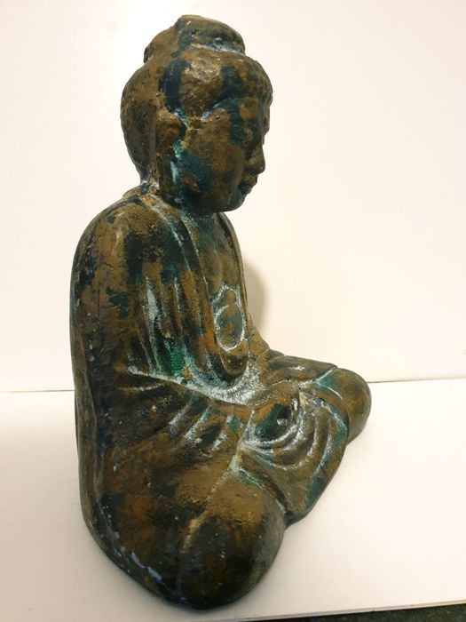 Antiga escultura de Buda japonês em ferro de fundição pintado + dourad