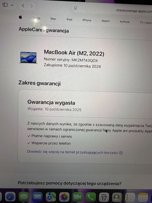 Macbook Air 13” M2 Silver 16/256gb Idealny Bateria 96%