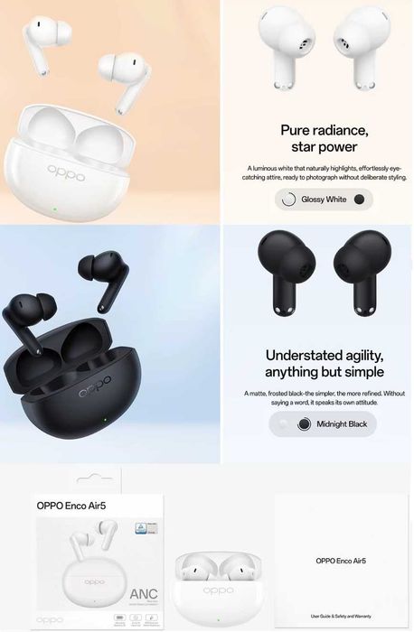 Бездротові навушники OPPO Enco Air5, AI Voice Enhancer, TWS з активним шумозаглушенням ANC 52 дБ, Bluetooth 6.1, 54 год роботи, НОВІ з пломбою