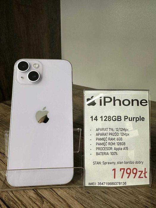 Smartfon Telefon Apple iPhone 14 128GB Purple bateria: 100% stan bdb gwarancja