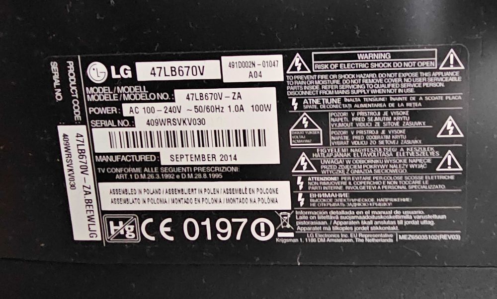 Telewizor LG 47LB5670V-ZA uszkodzony