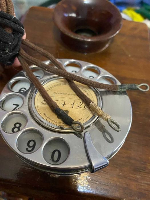 Telefone de parede antigo 1915 – Estojo de madeira, mostrador rotativo, caixa eletrônico mecanismo Liverpool