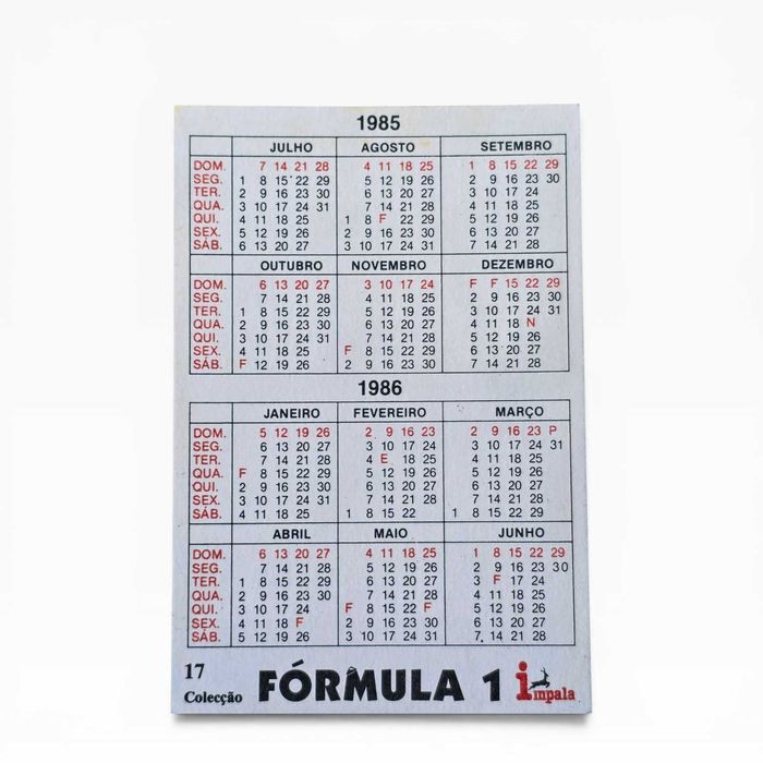 Calendário Bolso Fórmula 1 Impala — Niki Lauda — 1985/1986