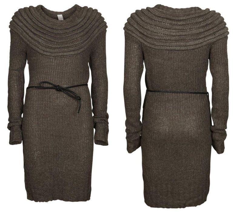 Vila szara brązowa dzianina moher wełna pasek eko skóra M 38