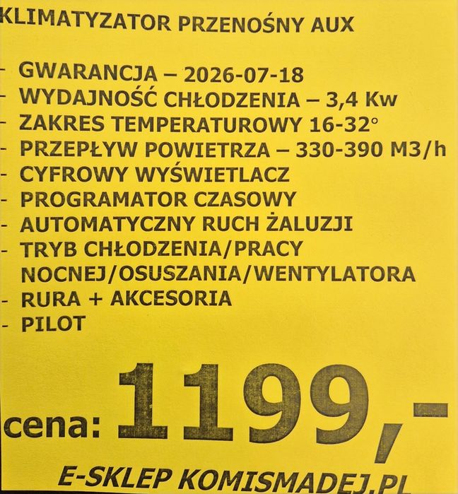 Klimatyzator przenośny AUX-12MI, Gwarancja, Komis Jasło Czackiego