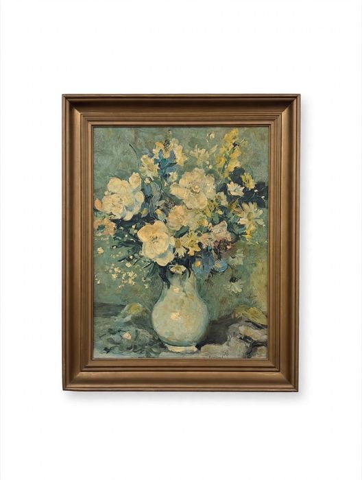 quadro de natureza morta com jarra e buquê de flores claras