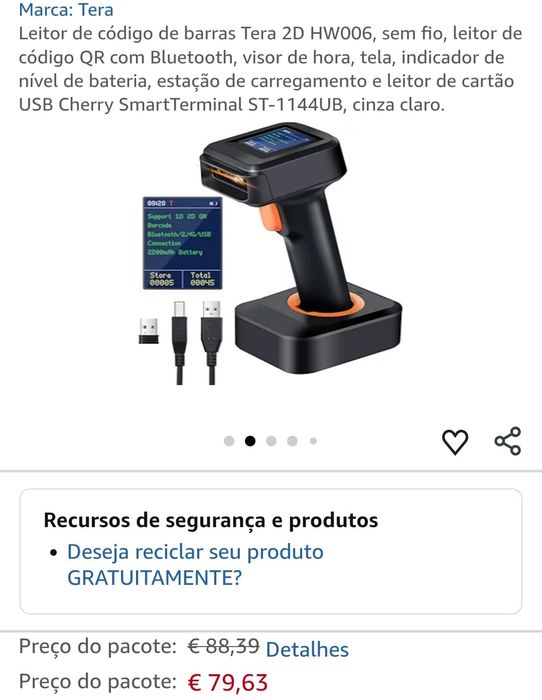 Leitor de código de barras Tera 2D HW006, sem fio, leitor de código QR