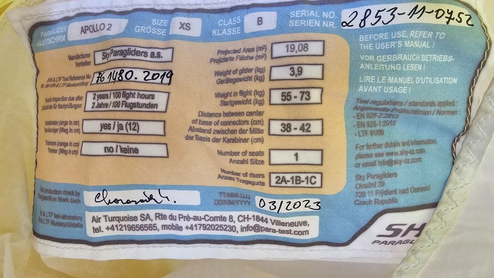 Sky paraglider Apollo XS asa wing EN B (low) new lines