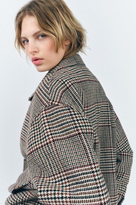 Zara viralowa kurtka bomberka brązowa krata 38 M wełna, wiskoza