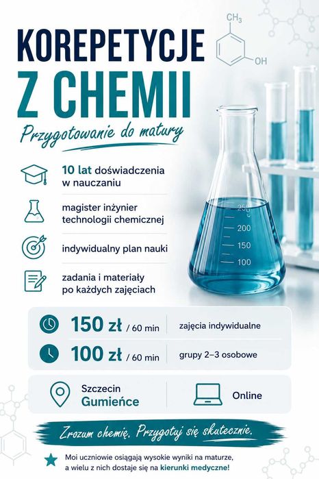 Korepetycje z chemii – przygotowanie do matury | Szczecin (Gumieńce) + online