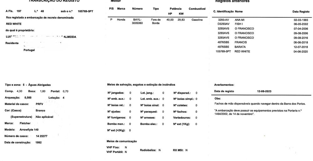 Barco recreio/pesca Fletcher 4.3m motor Honda 40cv 4T - RESERVADO