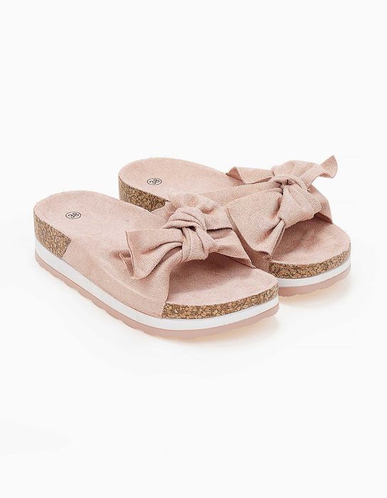Шлепки на пробковой подошве с бантом,  пудра, 37-37.5