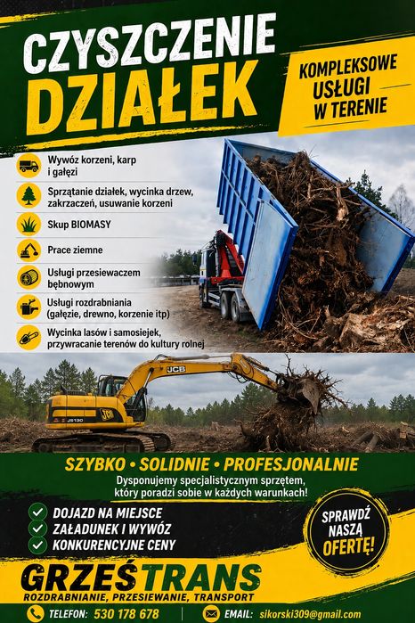 Karczowanie, rozdrabnianie, przesiewanie, wycinka drzew