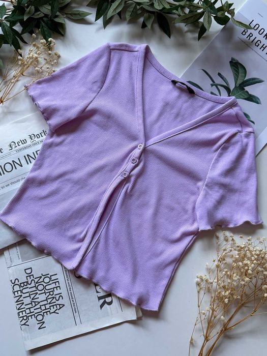 Lawendowa bluzka w prążek z falowanym dołem 25% cotton