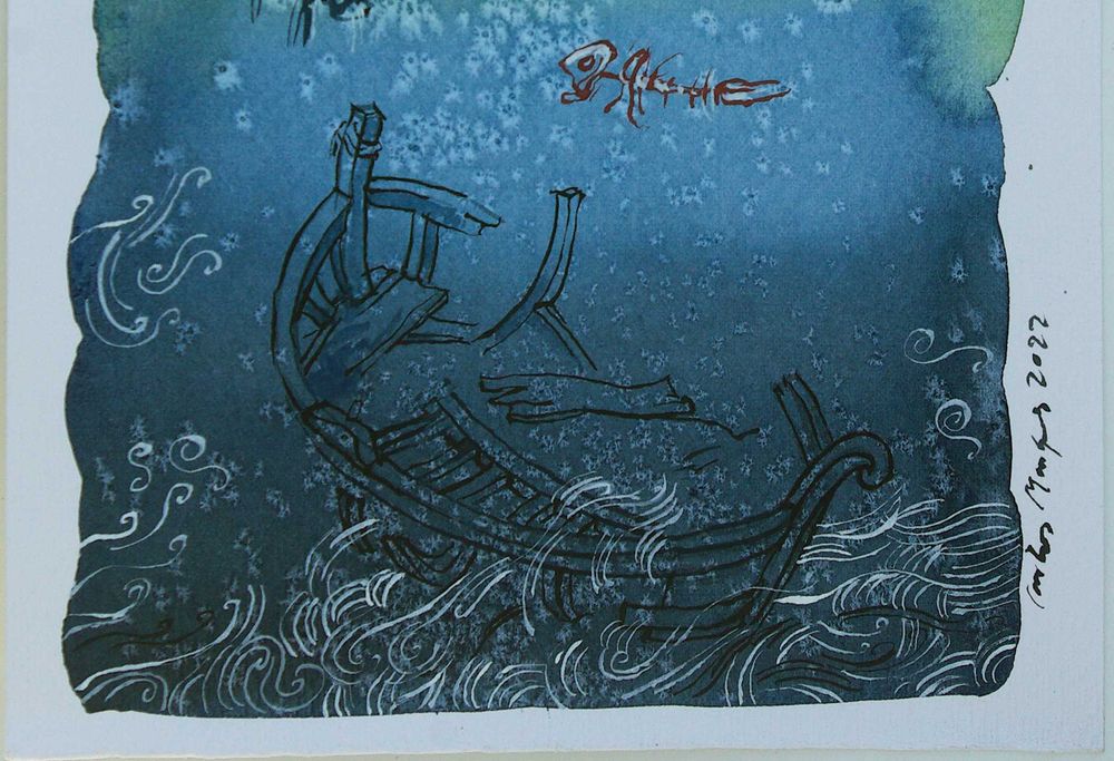 Aguarela original de Carlos Marques. Fantasia, surreal, Naufrágio