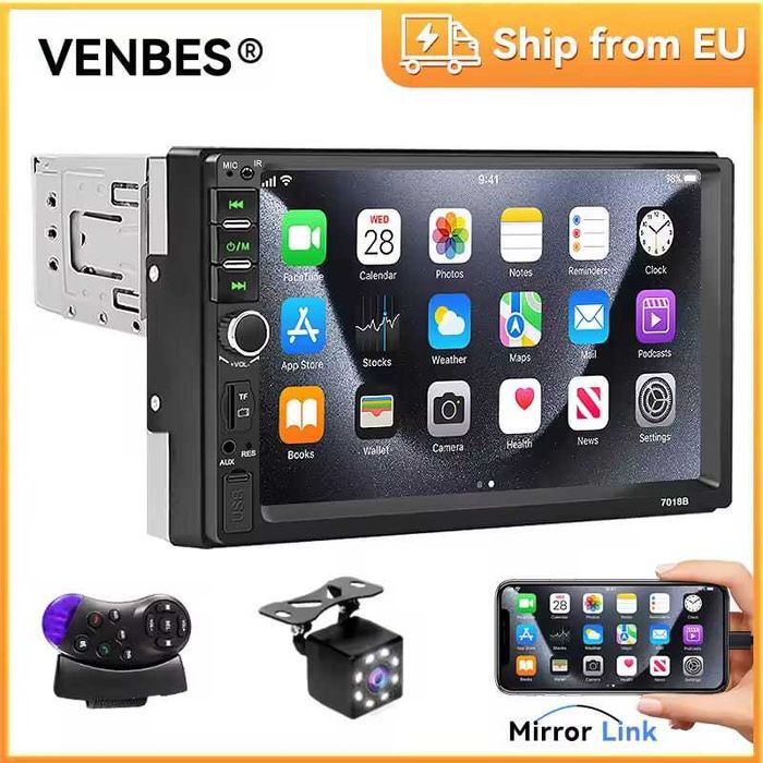 Rádio Automotivo 7 Polegadas 1 DIN Bluetooth Mirror Link USB TF AUX com Câmera de Ré 12V NOVO