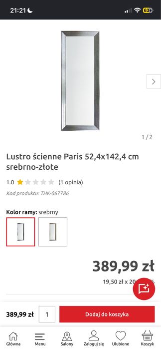Lustro prostokątne w srebrnej ramie