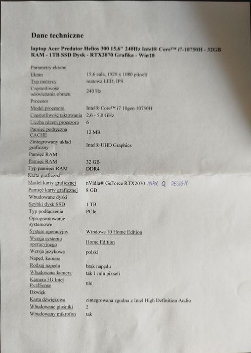 Laptop Acer Predator Helios 300 PH315-53-79LY