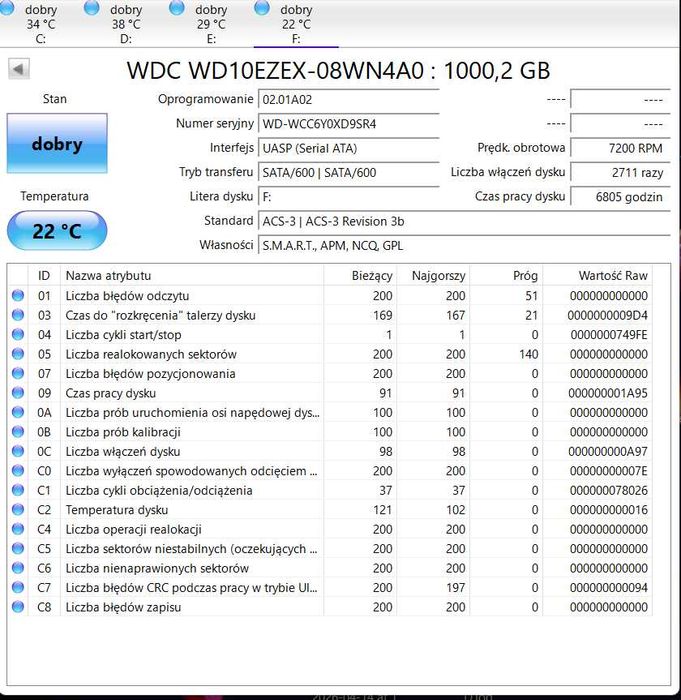 Dysk HDD WD10EZEX 1000GB 64MB , Przetestowany sprawny