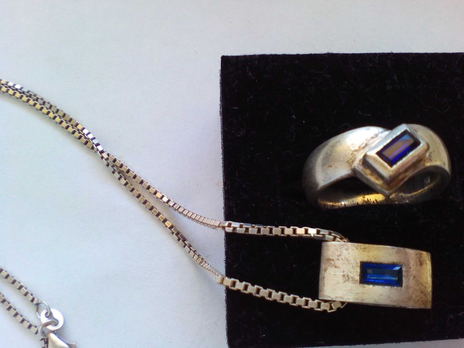 stary komplet srebrny z szafirami, srebro 925 i szafiry