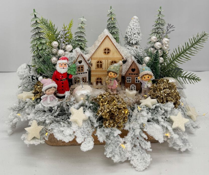 Stroik świąteczny zimowa wioska z domkami LED Mikołaj dzieci
