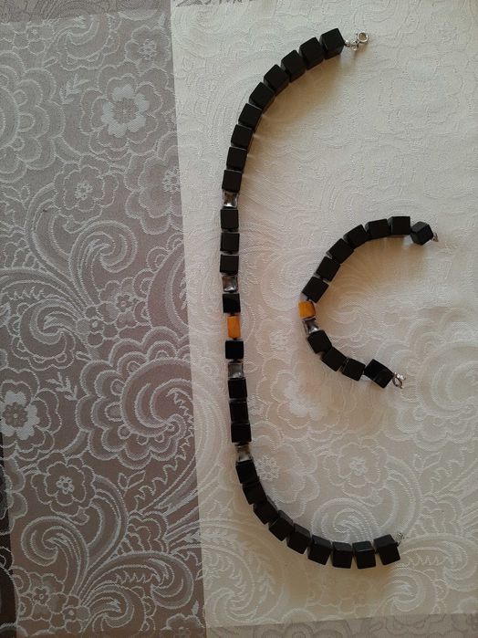Naszyjnik, bransoletka onyks,bursztyn, srebro