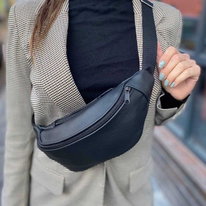 Шкіряна бананка, чоловіча сумка жіноча з натуральної шкіри, чорна