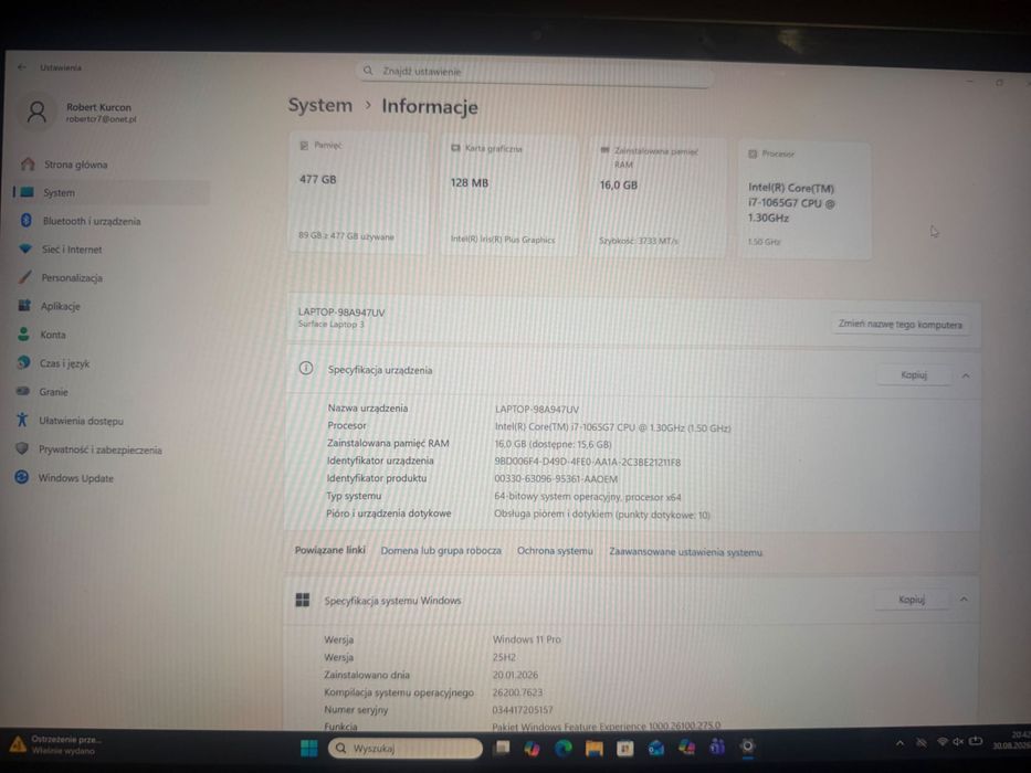 Microsoft Surface Laptop 3 13.5" 2K dotykowy i7-1065G7 512GB SSD 16GB RAM