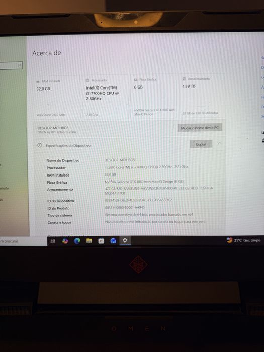 HP OMEN 15 – Portátil Gaming | 32 GB RAM | GTX 1060 | SSD 477 GB + HDD 932 GB
