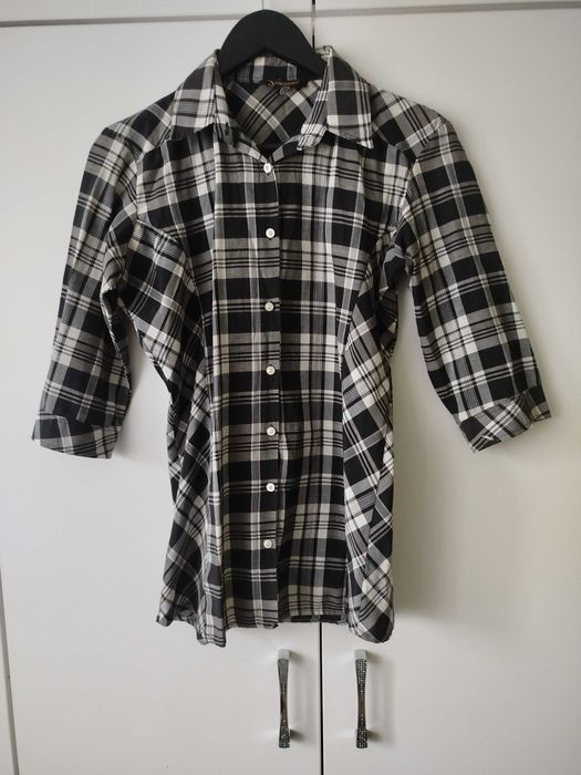 Damska koszula w kratkę, czarno-biała, rozmiar XL, podwijane rękawy