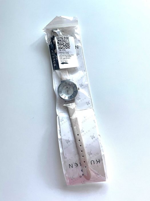 Nowy zegarek damski, kremowy pasek, cyrkonie, masa perłowa