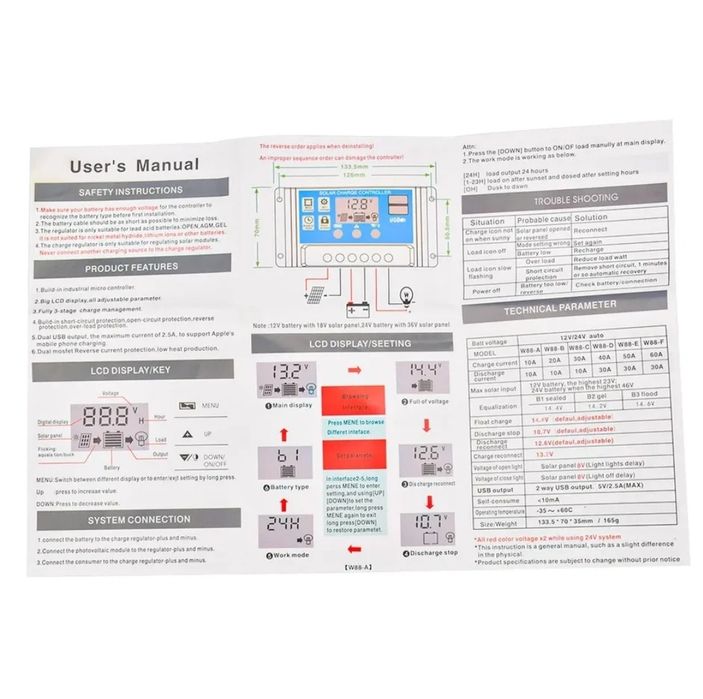 Контролер заряду сонячних батарей 30А 12/24В.Модель-W88-C