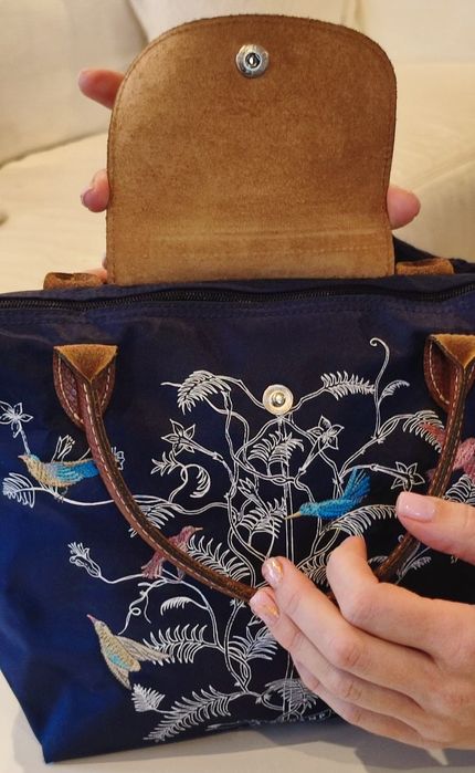 Oryginalna Torebka Longchamp.Kolor granatowy z elementami ze skóry