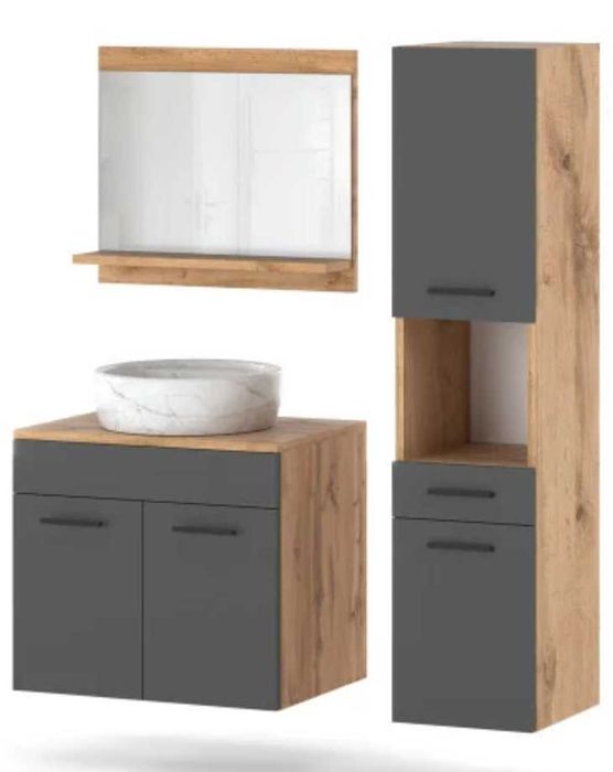 Meble łazienkowe 90cm NOWE - słupek, szafka, lustro - loft Wotan szary
