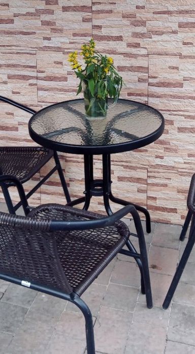 Stolik Stół na Taras Balkon Ogród Okrągły Szklany - Modny Czarny