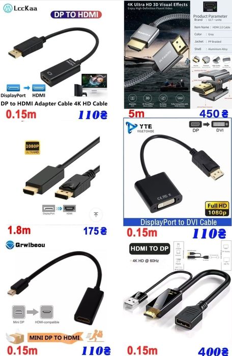 Переходник DP to HDMI, mini DP to Hdmi, Hdmi to DP, DP to DVI