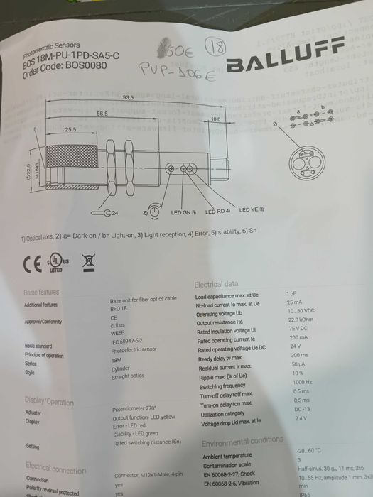 Fotocélula 18mm pnp 24vdc BALLUFF com protecção