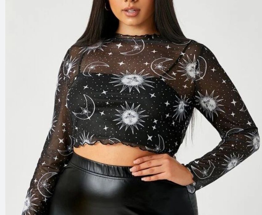 Блуза сітчаста місяць, сонце,XL,L,чорна прозора хіппі,бохо футболка