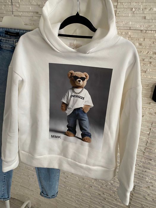 MMK Mi Mi nowa ciepła biała bluza z kultowym misiem teddy ber Viral