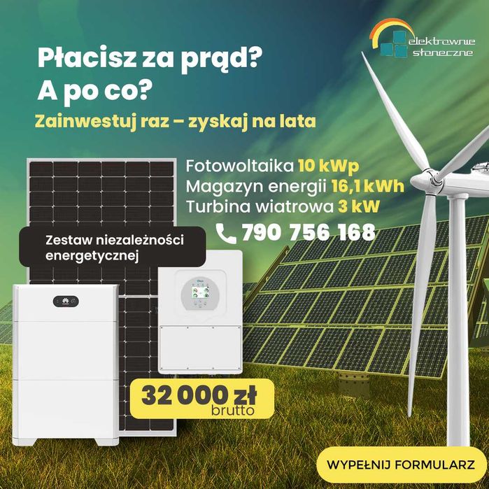 Fotowoltaika 10kW (p) + magazyn energii 16kWh + turbina 3kW+MONTAŻ