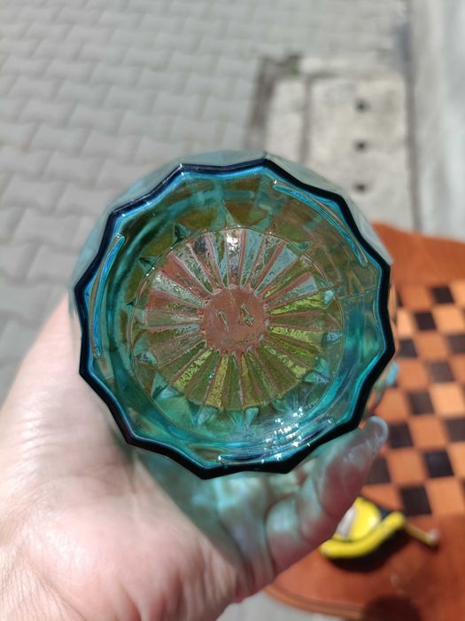 Stary szklany wazon geometryczny zieleń żółty