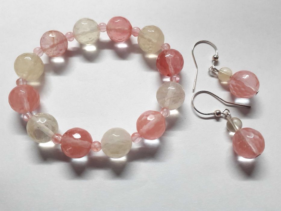 Komplet biżuterii - kamień kwarc arbuzowy - bransoletka i kolczyki ...