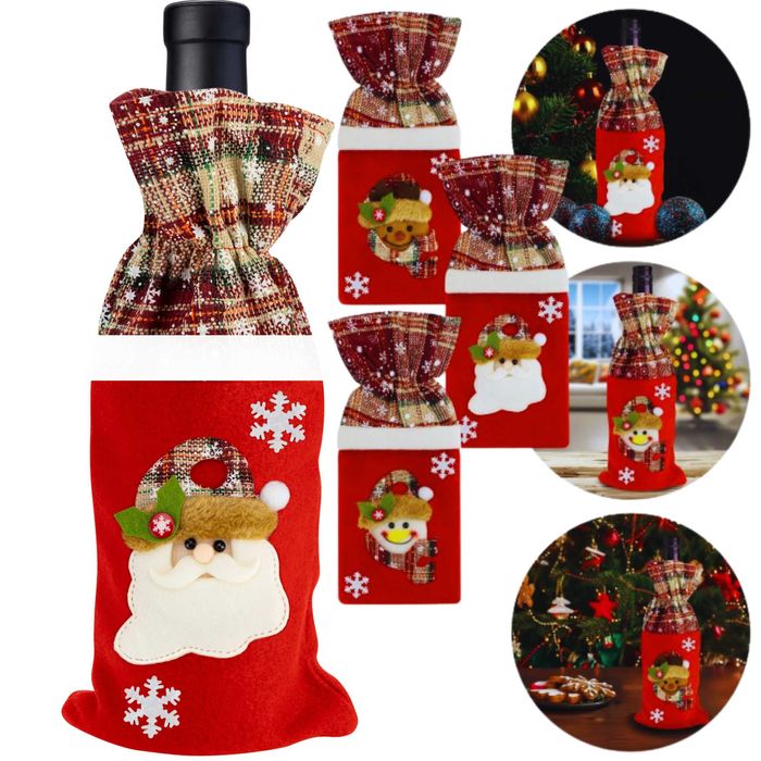 ŚWIĄTECZNY POKROWIEC Na Butelkę ETUI Wino Dekoracja Mikołaj 3 sztuki