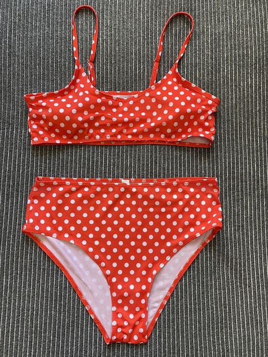 Женский купальник с высокой посадкой/ талией ярко красный в горошек