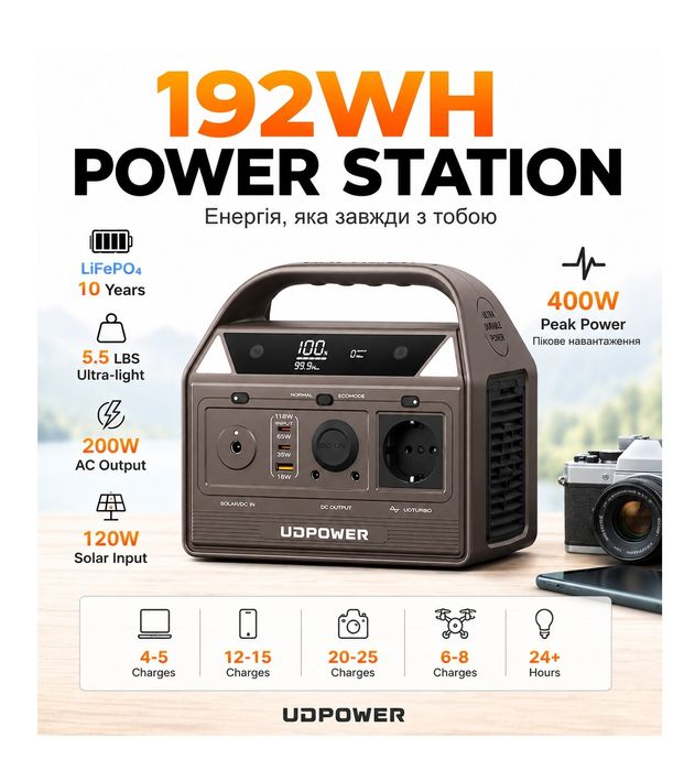 Зарядна станція UDPOWER C200 192Wh 200W/400W LiFePO4 60000mAh Чиста Синусоїда