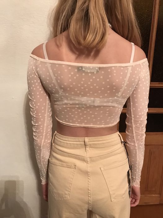 Топ топик в горошек сетка пудровый цвет S размер