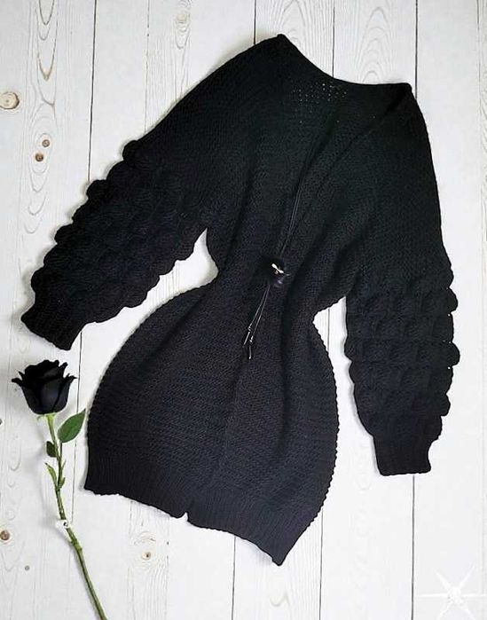 Czarny Sweter Kardigan Bubble Bufiaste Bąbelkowe Rękawy Boho Retro