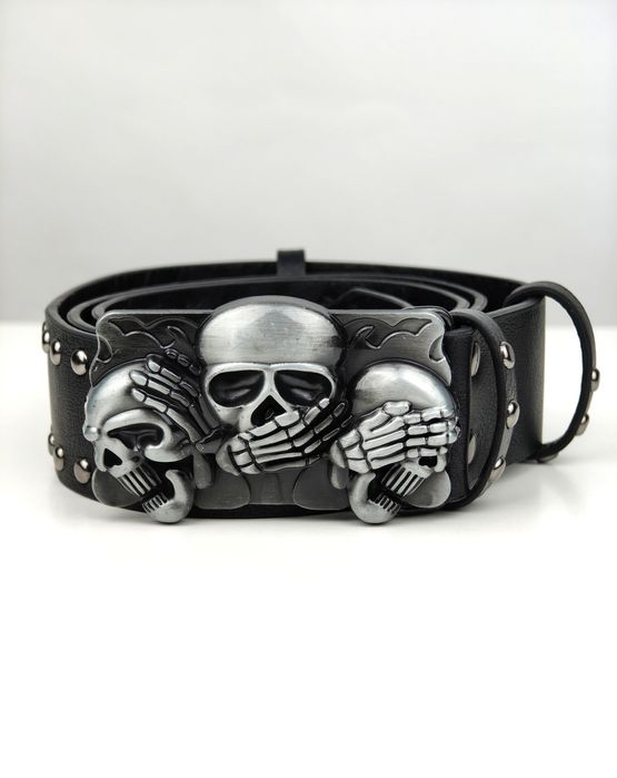 NOWY Skórzany pasek do spodni męski czarny punk rock goth czaszka czac