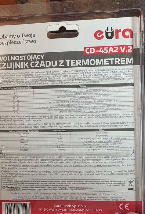 Czujnik czadu do piecyka gazowego, (tlenku węgla) EURA