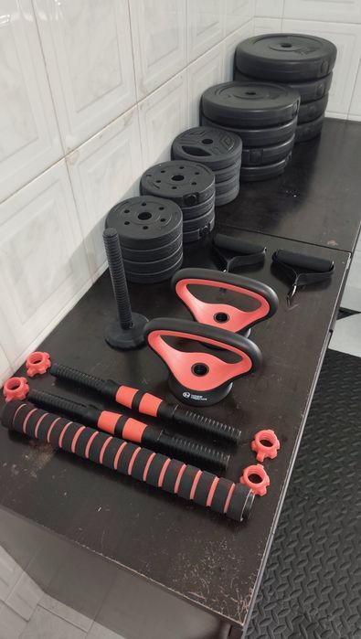 Discos + Banco + Halteres + Polia - Kit Musculação Completo